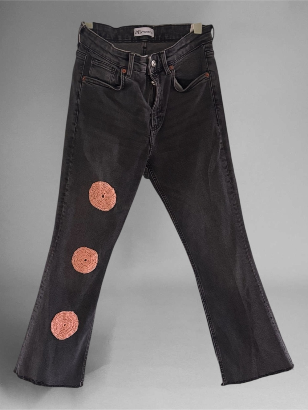 Zara Grey Jeans with Coral Patch Accents